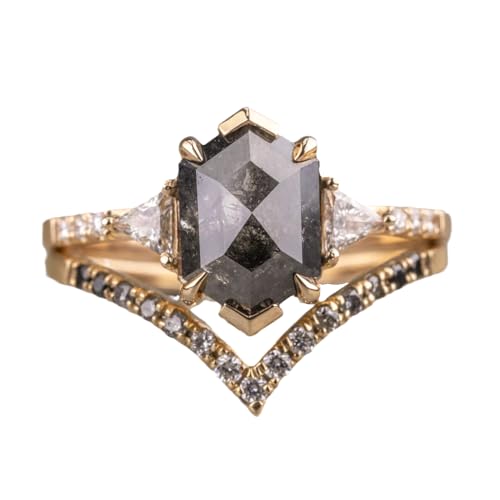 1.5ct Hexagon Cut Natural Salt And Pepper Diamond Engagement Ring Set for Women Sterling Silver/10K 14K 18K Gold Salt And Pepper Diamond Engagement Wedding Ring Set Anniversary Promise Rings2