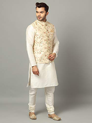 Image of Uri and MacKenzie Men's Silk Blend Regular Kurta Churidar Pyjama with Bundi Nehru Jacket /Waistcoat