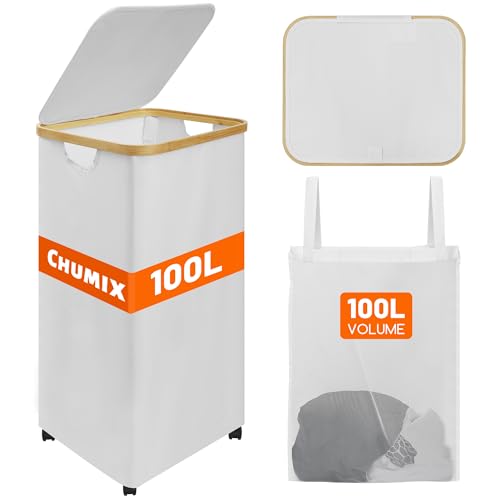 Chumix Cesto Ropa Sucia con Tapa, 100LCesta Ropa Sucia con Ruedas, Cubo Ropa Sucia Plegables con Mango de Bambú, Bolsa Interior Extraíble y Lavable, para Baño, Dormitorio, Lavadero, Beige