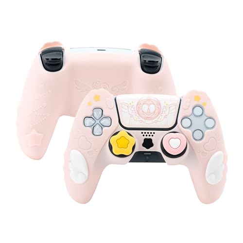 Image of GeekShare PS5 Controller Skin Set,Silicone Protective Cover Skin Case for PS5 Wireless Controller with 2 Thumb Grip Caps and 2 Stickers - Star Wings Series (Pink)