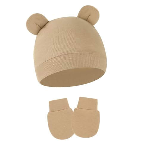 4 Pack Newborn Hats Mittens Set Bear Ears Preemie Hat Infant Hospital Mitten for Baby Boy Girl 0-6 Months3
