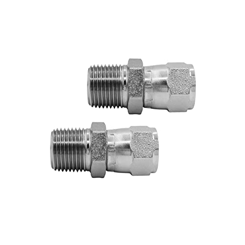 Image of (2-PACK) 6505-06-06 Hydraulic Hose Adapter Fitting 3 /8 inch Male (3 /8-18 NPTF) x 3 /8 inch Female JIC 37 Swivel (9 /16-18 UNF) Straight Pipe Joints Connector Carbon Steel