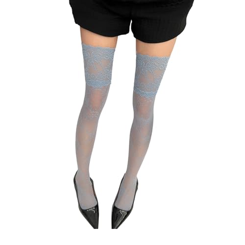 Vintage Floral Lace Trim Over Knee Fishnets Socks Retro Design Soft Nylon Thigh High Stockings For Women