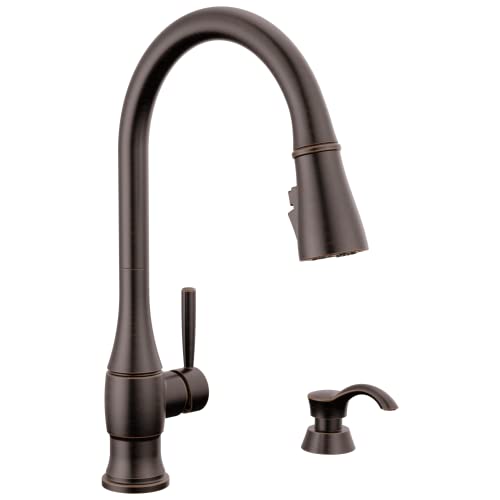 Delta Hazelwood Oil Rubbed Bronze Kitchen Faucet with Pull Down Sprayer and Soap Dispenser, Modern Single Hole Kitchen Sink Faucet, Single Handle, Venetian Bronze 19831Z-RBSD-DST
