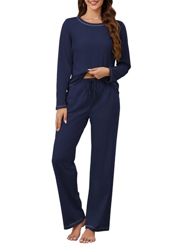 Image of KCW Womens Pajamas Sets 100% Cotton 2 Piece Lounge Set Long Sleeve Tops and Pants Soft Pjs Sleepwear with Pockets