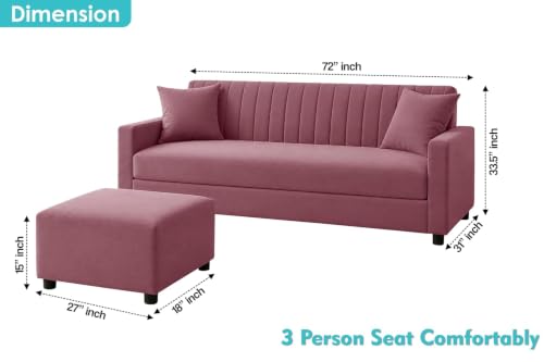Image of Urban Decor 3 Seater Wooden Sofa Set with Matching Ottoman, Modern Channel Tufted Velvet Fabric Couch for Living Room-Rose Pink