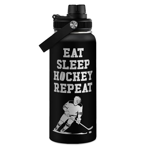 Image of SANDJEST Ice Hockey Insulated Engraved Stainless Steel Water Bottle 32oz, Vacuum Chug Lid Travel Tumbler For Men Friends Hockey Lovers Fans Coaches,Birthday Christmas