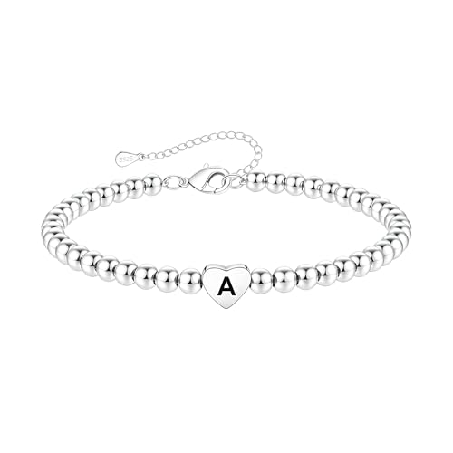 Image of DORANA Sterling Silver Bracelet For Women Silver Initial Heart Bracelet Non Tarnish 925 Beaded Bracelets For Women Girls Hypoallergenic Friendship Daughter Bracelets,A