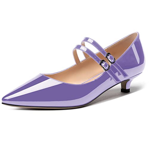 MERRORI Women's Solid Evening Slip On Adjustable Strap Dress Pointed Toe Patent Kitten Low Heel Pumps Shoes 1.5 Inch
