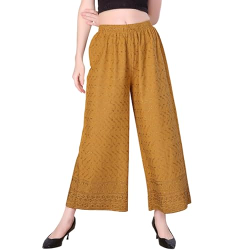 Image of VIVIKA Chikankari Palazzo Pants for Women |Rayon Wide Leg Ethnic Palazo with Embroidery | Comfortable Elastic Waist Women's Palazzo for Casual, Festive & Office Wear