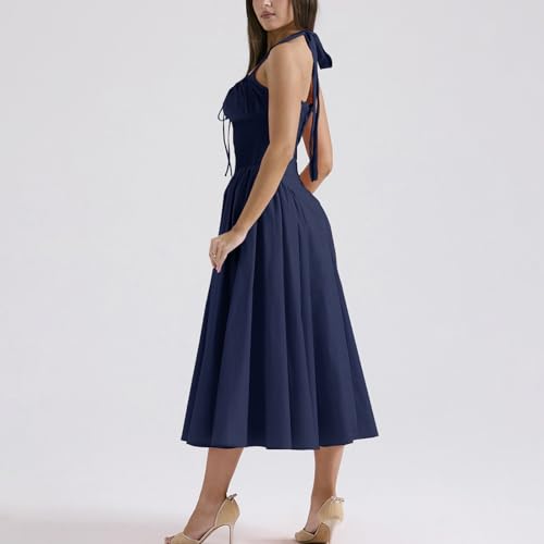 Image of Women Floral Corset Dress Halter Neck Low Cut Bustier Lace Midi Dress Flowy Pleated Hem Long Sundress with Pockets