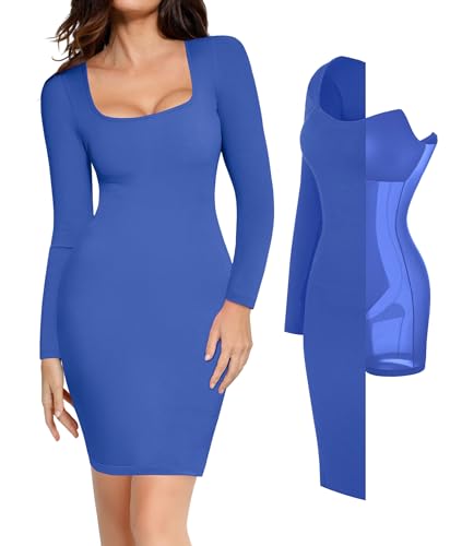 Image of Popilush Long Sleeve Midi Dresses for Women, Built-in Bra Shapewear Dress | Bodycon, Tummy Control, Square Neck, Cocktail Party and Dinners