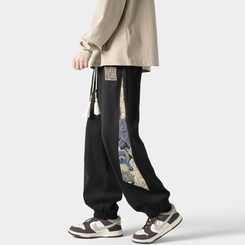 Seidarise Men's Artistic Pattern Men's Black Pants, Tassel Drawstring & Loose Fit, Trendy Casual Wear2