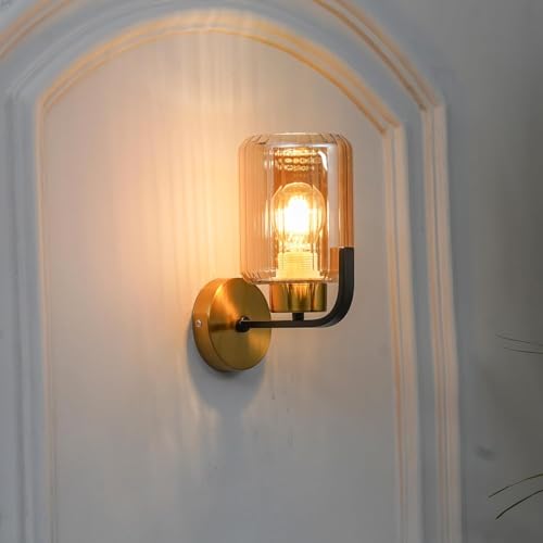 Image of Luxury Brass Finish Ribbed Glass Design Decorative Wall Lamp Sconce for Bedroom, Living Room, Hotel, Corridor, Cafe, Restaurant, Hallway,Balcony, Showroom
