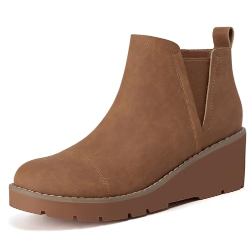 Athlefit Women's Wedge Chelsea Boots Platform Lug Sole Elastic Short Ankle Booties with Side Zipper