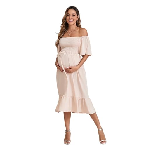 TYNXK Vestido de Verano de Gasa Rosa Liso for Embarazadas, Vestidos de Maternidad de Manga Corta y Larga.(Pink,L)