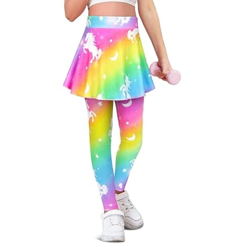 MaciRept Leggings with Skirt for Girls Kids Footless Tights 6T Stretchy Rainbow Unicorn Girls Leggings with Skirt Attached Pants Size 6 7 Cover