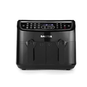 Salter Dual Air Fryer - Double Drawer, 2 XL Non-Stick Cooking Trays, Sync & Match Cook Function, Independent Cooking, 8.2L, Sensor Touch Display, 12 Presets, Oil Free, 2200W-2600W, Black