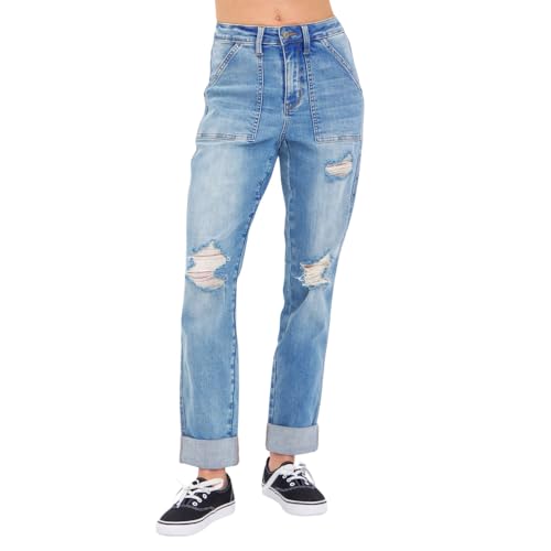 Judy Blue High Waisted Patch Pocket Distressed Boyfriend Jeans for Women Stretch Denim Comfortable Fit Versatile - 88825