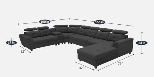 Image of Mishel 12 Seater Sofa Set for Living Room | Sectional U Shaped 12 Seater Sofa with Storage & Cupholder (Dark Grey Fabric, RHS)