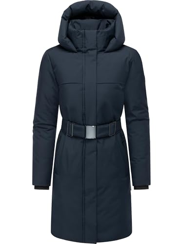 Navahoo Damen Wintermantel warmer Parka mit Gürtel und gefütterter Kapuze Gipfelspass XIV Navy Gr. M