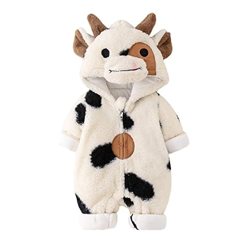 Image of LALALOVE Newborn Baby Cow Plush Jumpsuit Halloween-Winter Toddler Hooded Cow Costume-Cartoon Cow Zipper Romper