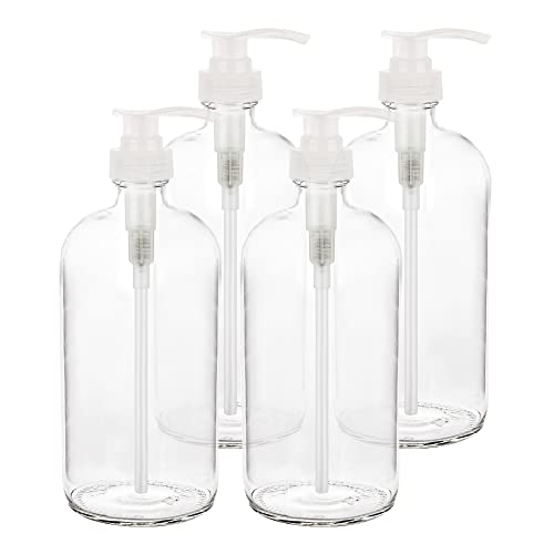 kitchentoolz 4 Pack of 32 Ounce Large Pump Bottles, Glass Refillable Containers for Lotions, Soaps, Oils, Sauces, Homemade Laundry Detergent - Food Grade