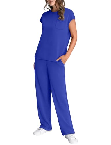 Image of WIHOLL 2 Piece Sets for Women Casual Summer Travel Vacation Outfits Cap Sleeve Lounge Set