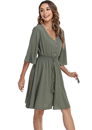 Image of VintageClothing Women's Floral Sundresses Flowy Boho Summer Beach Dress | Lightweight Breathable material,Elegant V Neck and Button Front Design,Flared Bell Sleeve Cut,Mini Casual dress