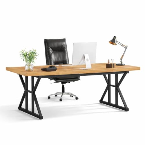 Image of Executive Computer Work Desk, Wooden Office Table for Home, Office, Workstation, Study, Strong Metal Frame Computer Table (Walnut Cream),160x80x75 cm