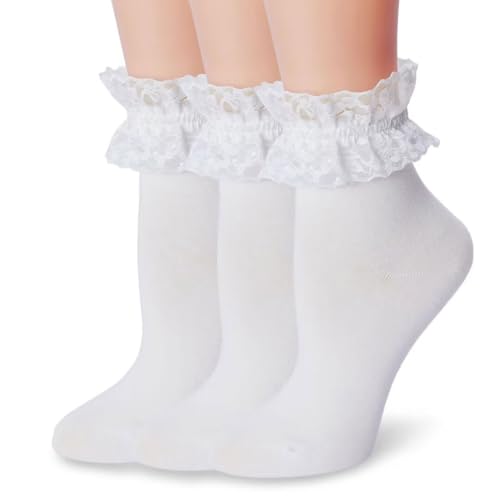 Image of Women Lace Ruffle Socks Fashion Fancy Lovely Girl Socks 3 Pairs