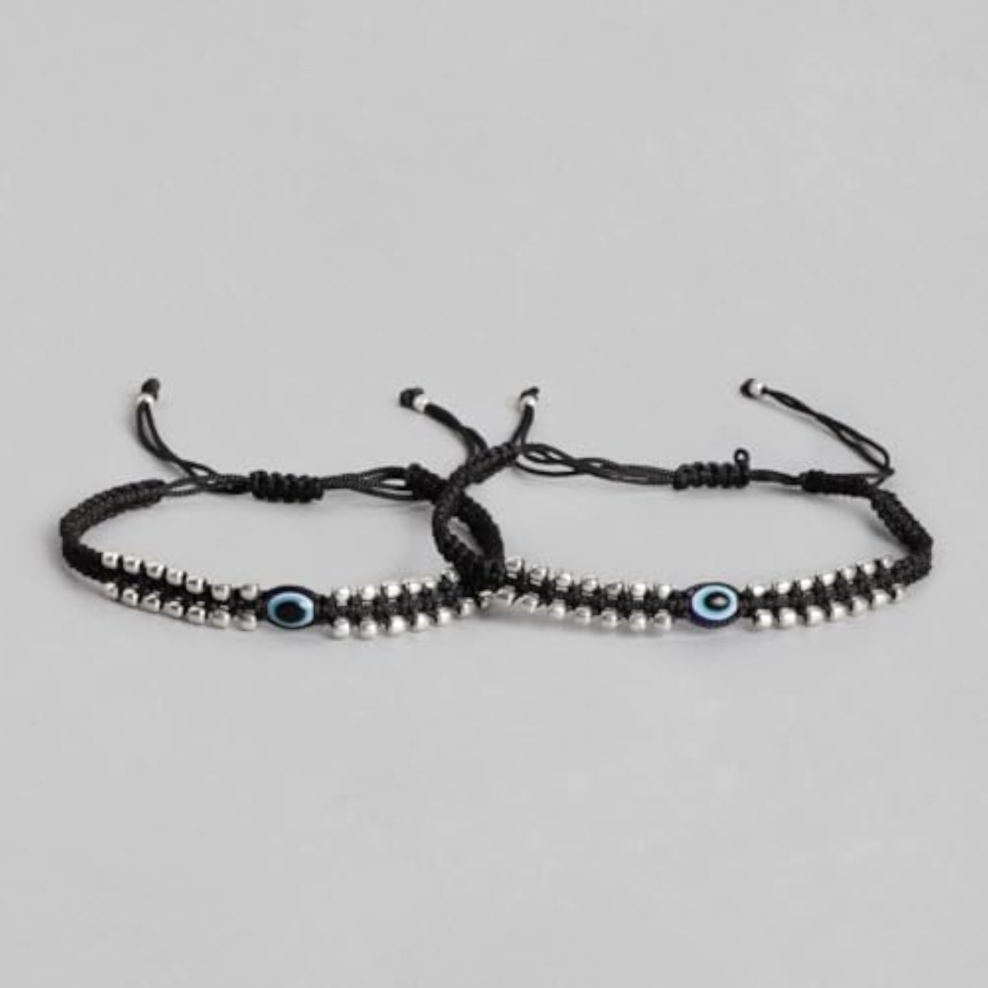 925 Silver Evil Eye Rhodium Plated Thread Anklet Pair