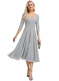 Pleated Chiffon Mother of The Bride Dress with Sleeves Tea Length Mother of The Groom Dresses for Women V Neck Formal Evening Gowns Silver Grey US 2
