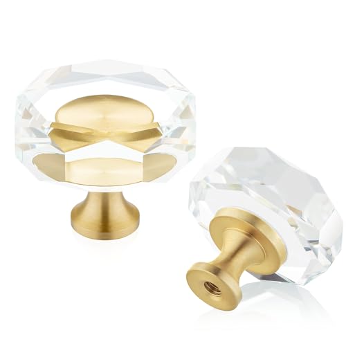 Image of QOGRISUN 10-Pack Brass Crystal Cabinet Knobs,Glass Crystal Gold Drawer Knobs,1-1 /4-Inch Polygon,Decorative Dresser Pulls, Modern Cabinet Hardware