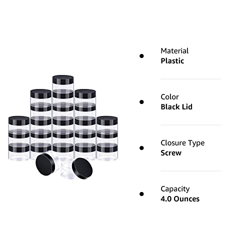 Satinior 24 Pieces Empty Clear Plastic Jars With Lids Round Storage Containers Wide-Mouth For Beauty Product Cosmetic Cream Lotion Liquid Slime Butter Craft And Food (Black Lid, 4 Oz) #TOP6