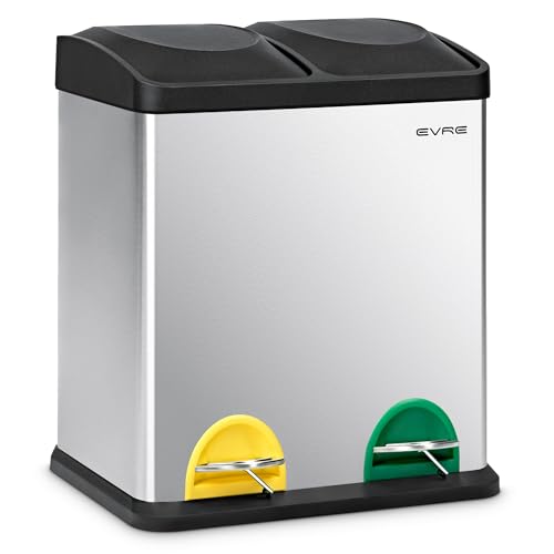 EVRE Indoor Kitchen and Waste Separation Recycling Bin Stainless Steel with Removable Buckets, Odour Seal and Colour Coded Pedals for Offices, Home and Classrooms (30L, 15L+15L)