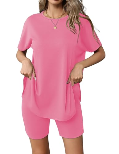Image of Ekouaer Women's 2 Piece Lounge Set 2026 Summer Biker Shorts Set Outfits Short Sleeve Oversized Top Matching Tracksuit
