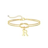 NECOCY Couple Love Knot Initial Bracelets for Women Trendy Dainty Statement 14K Gold Plated Letter R Charm Bracelet Jewelry Cute Simple Fashion Chain Women's Bracelets Gift
