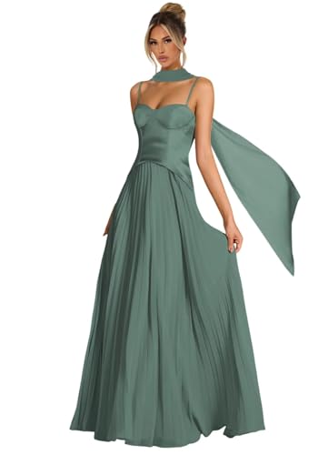 Women's Spaghetti Strap Bridesmaid Dresses Long Pleated Asymmetrical Drop Waist Formal Dress with Scarf DI2683