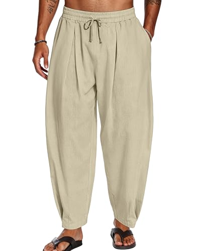 Mens Cotton Linen Harem Pants Casual Loose Trousers Elastic Waist Drawstring for Summer Beach with Pockets Khaki