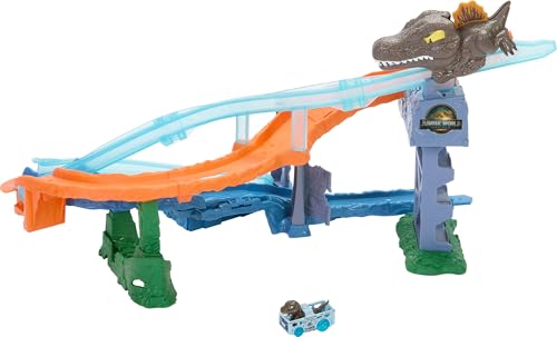 Hot Wheels Toy Car Track Set, RacerVerse Jurassic World Crash & Splash Playset with Die-Cast Velociraptor Vehicle, Dinosaur Race with Spinosaurus