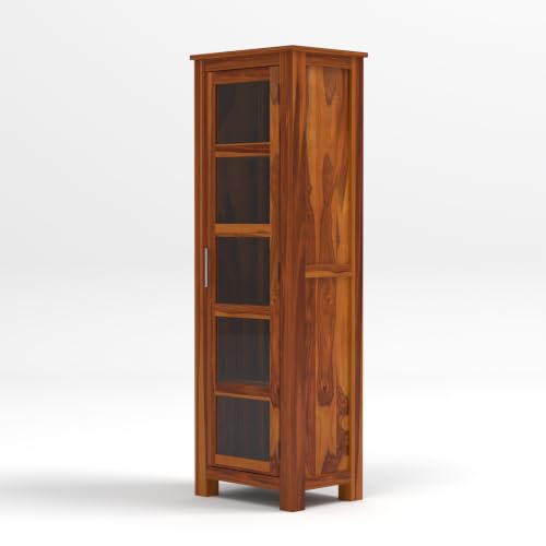 Image of Solid Sheesham Wood Display Cabinet with Acrylic Glass Door | Wooden Bookshelf & Bookcase Storage Cabinet for Living Room, Home Office & Bedroom