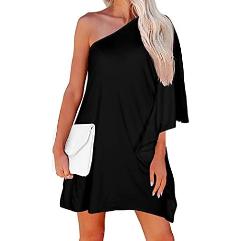 DUTUT Women's Dresses One Shoulder Batwing Loose Casual Club Party Cocktail Mini Dress, Black, Large Cover