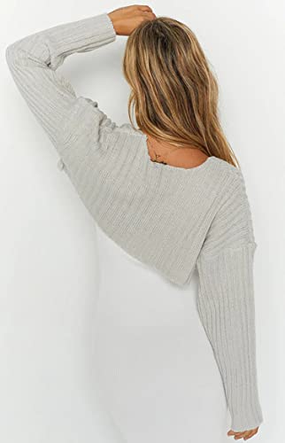 Image of Women Long Sleeve Open Front Ribbed Knit Crop Cardigan Solid Loose Drop Shoulder Shrug Bolero Crop Sweater Top