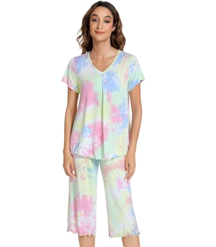 Image of NACHILA Women's Pajama Sets Cooling Bamboo Viscose V-Neck Top & Capri Pants