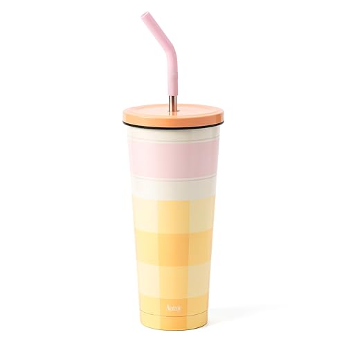 notcoy 25 oz Stainless Steel Tumbler with Straw and Lid, Double Wall Vacuum Insulated, Hot & Cold Travel Mug, Cup Holder Friendly, BPA Free, Office, Gym & School - Pink & Yellow Color Block