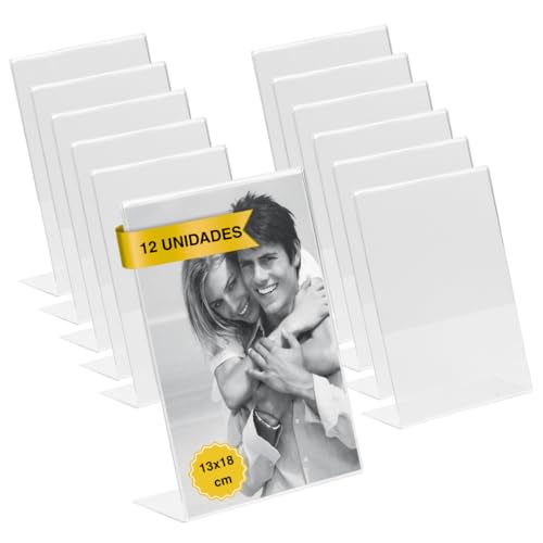 MARCOFOTO - Set de 12 Soportes Acrilico de Sobremesa - Soporte para Letreros, Porta Menus, Porta Poster y Expositor de Carteles de Metacrilato - Transparente Vertical para Oficina (13X18 cm - x12)