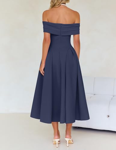 Image of ZESICA Summer 2026 Cocktail Dresses for Women's Off Shoulder Short Sleeve Swing A Line Wedding Evening Party Midi Dress
