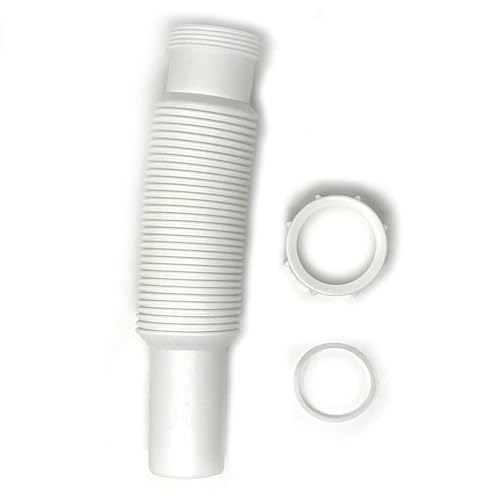 Flexible Extension Pipe, 1-1/2 inch x 15 inch with Adapter for 1 1/4' Inlet Tube with Slip-Joint Nut and Washer for P-Trap Connection used with Kitchen or Bathroom Drain- White Plastic Polypropylene