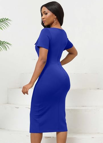 Image of Fooullaide Women's Sexy Bodycon Mid Dress Stretch Short Sleeve V Neck Cocktail Party Dresses